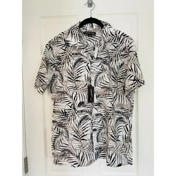 NWT Michael Kors Palm Print Short-Sleeve Woven Camp Shirt - White - Medium Men